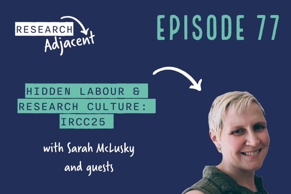 Research Adjacent podcast artwork with the text 'Episode 77 Hidden labour and research culture: IRCC25 with Sarah McLusky and guests' and a photo pf Sarah McLusky