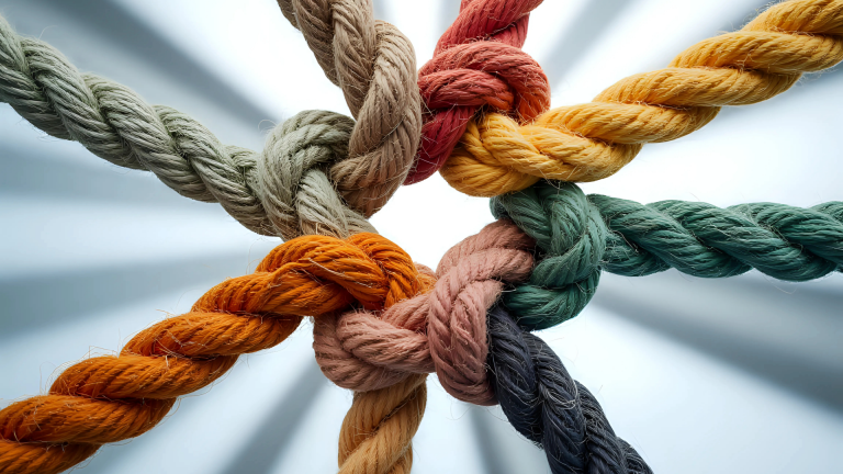 A knot made of different colours of rope