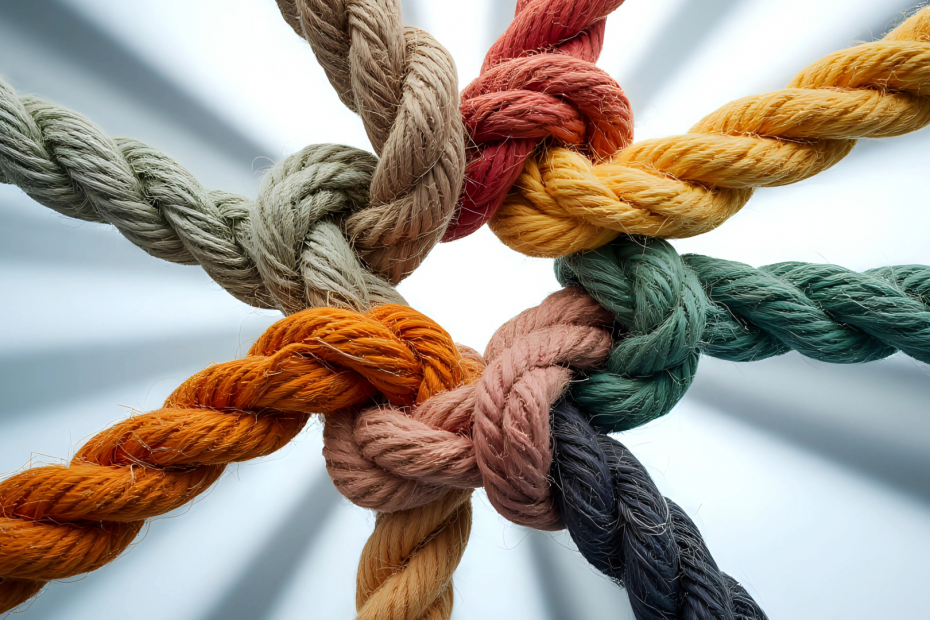 A knot made of different colours of rope