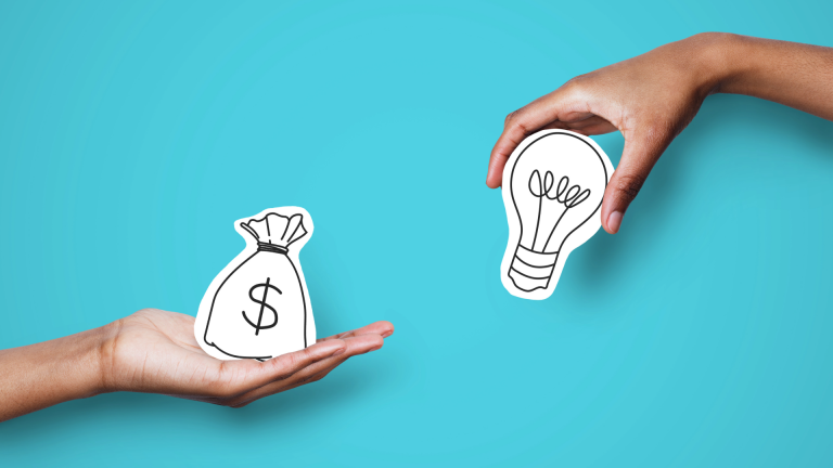 two hands - one holding a money bag illustration, the other holding a light bulb illustration