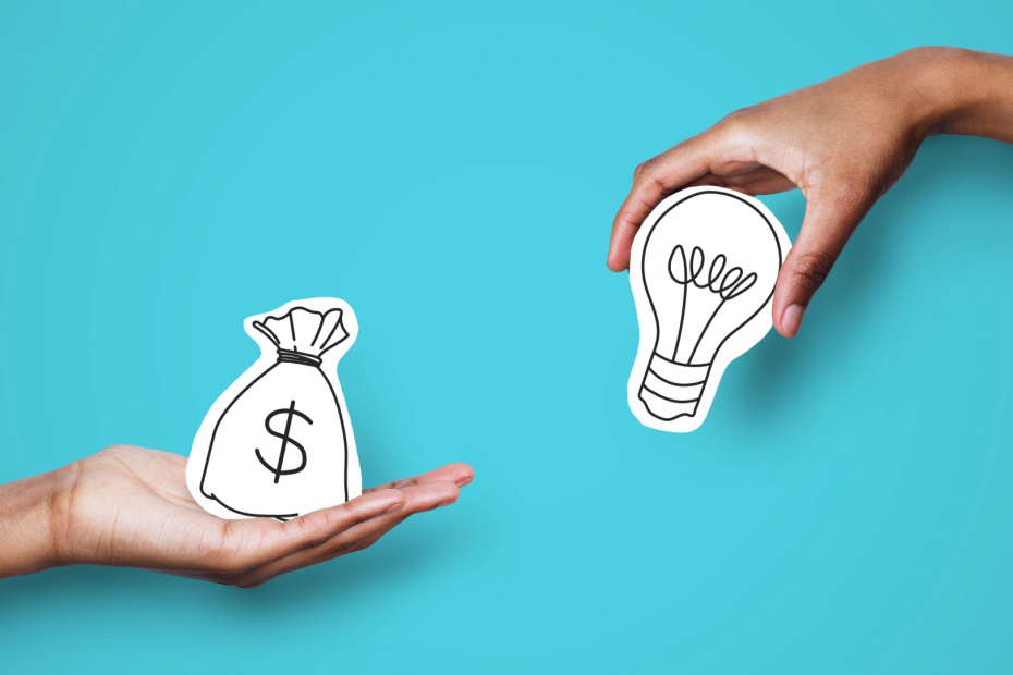 two hands - one holding a money bag illustration, the other holding a light bulb illustration