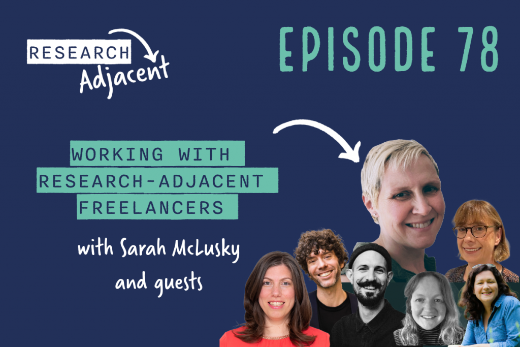 Research Adjacent podcast artwork with the text 'Research Adjacent Episode 78, Working with Research Adjacent Freelancers with Sarah McLusky and guests and pictures of Sarah McLusky, Limor Zwi-Dantsis, Chris Pahlow, Russell Arnott, Sophie Morris, Naomi Tyrrell and Vittoria Danino