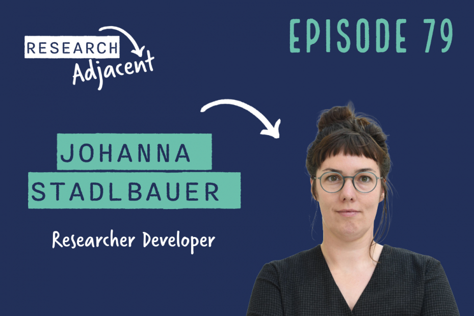 Research Adjacent podcast artwork with the text 'Episode 79 Johanna Stadlbauer, Researcher Developer' and a picture of Johanna Stadlbauer