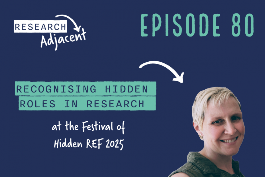 Research Adjacent podcast art with the text 'Episode 80 Recognising hidden roles in research at the Festival of Hidden REF 2025' and a picture of Sarah McLusky