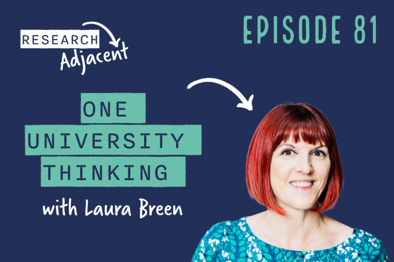 Research Adjacent podcast artwork with the text 'Episode 81, One University thinking with Laura Breen' and a picture of Laura Breen
