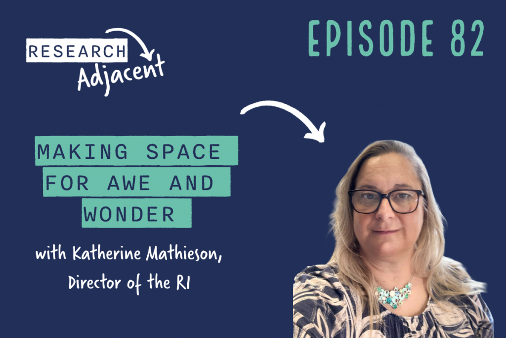 Research Adjacent podcast artwork with the text 'Episode 82, Making space for awe and wonder with Katherine Mathieson, Director of the RI' and a picture of Katherine Mathieson