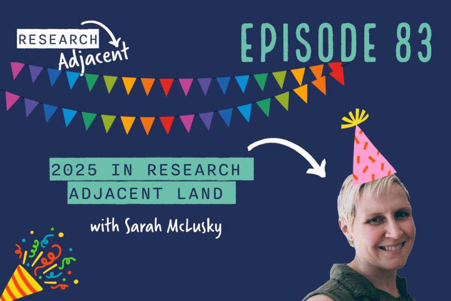 Research Adjacent podcast artwork with the text 'Episode 83, 2025 in Research Adjacent Land with Sarah McLusky' and a picture of Sarah McLusky in a party hat and festive bunting