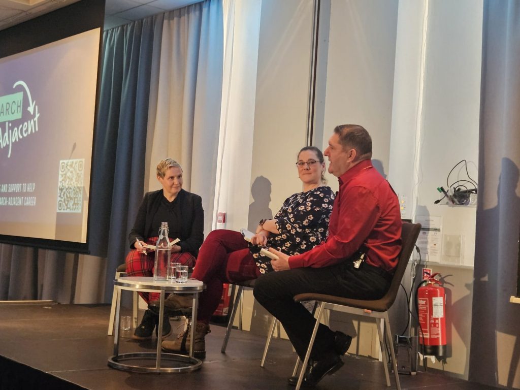 Research Adjacent podcast recording at Impact Ignite 2025. L-R: Sarah McLusky, Kirsty High, Sean McCaul