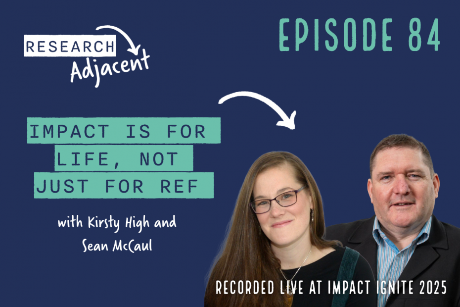 Research Adjacent podcast artwork with the text 'Episode 84, Impact is for life, not just for REF with Kirsty High and Sean McCaul' and pictures of Kirsty High and Sean McCaul