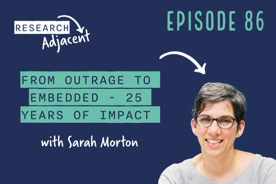 Podcast artwork with the text 'Research Adjacent Episode 86, From outrage to embedded - 25 years of impact with Sarah Morton' and a picture of Sarah Morton