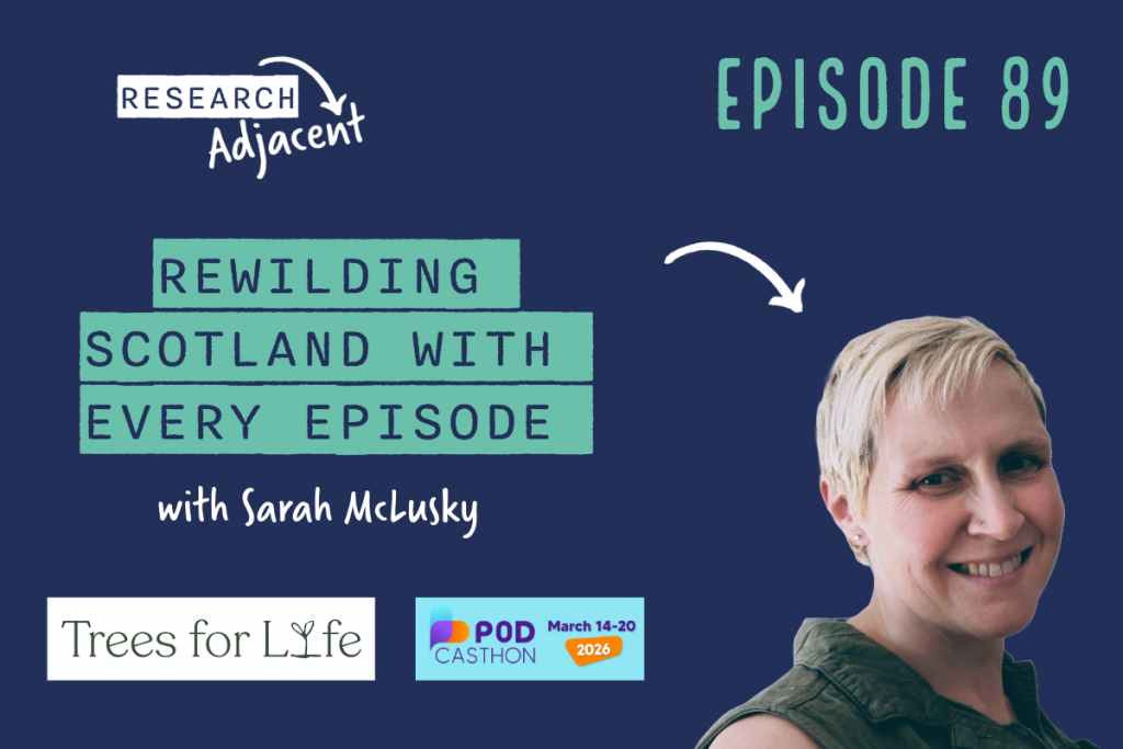 Podcast artwork with the text 'Research Adjacent Episode 89, Rewilding Scotland with every episode with Sarah McLusky' and the Trees for Life and Podcasthon logos and a picture of Sarah McLusky