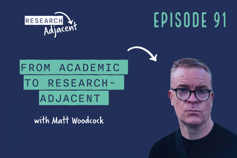 Podcast artwork with the text 'Research Adjacent Episode 91, From academic to research-adjacent with Matt Woodcock' and a picture of Matt Woodcock
