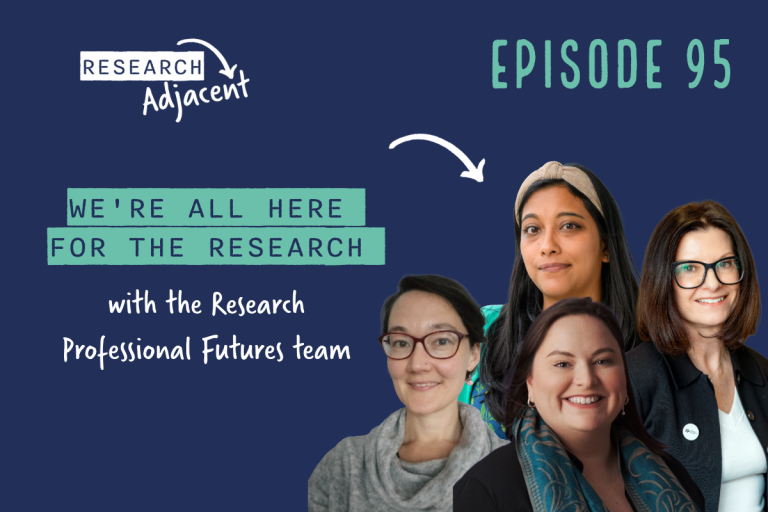 Podcast artwork with the text 'Research Adjacent, Epiosde 95, We're all here for the research with the Research Professional Futures team' and photos of Isabella von Holstein, Rika Nair, Lorna Wilson and Steph Bales